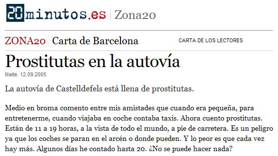 Carta publicada al diari 20 MINUTOS sobre la prostitució a l'autovia de Castelldefels (12 de setembre de 2005)